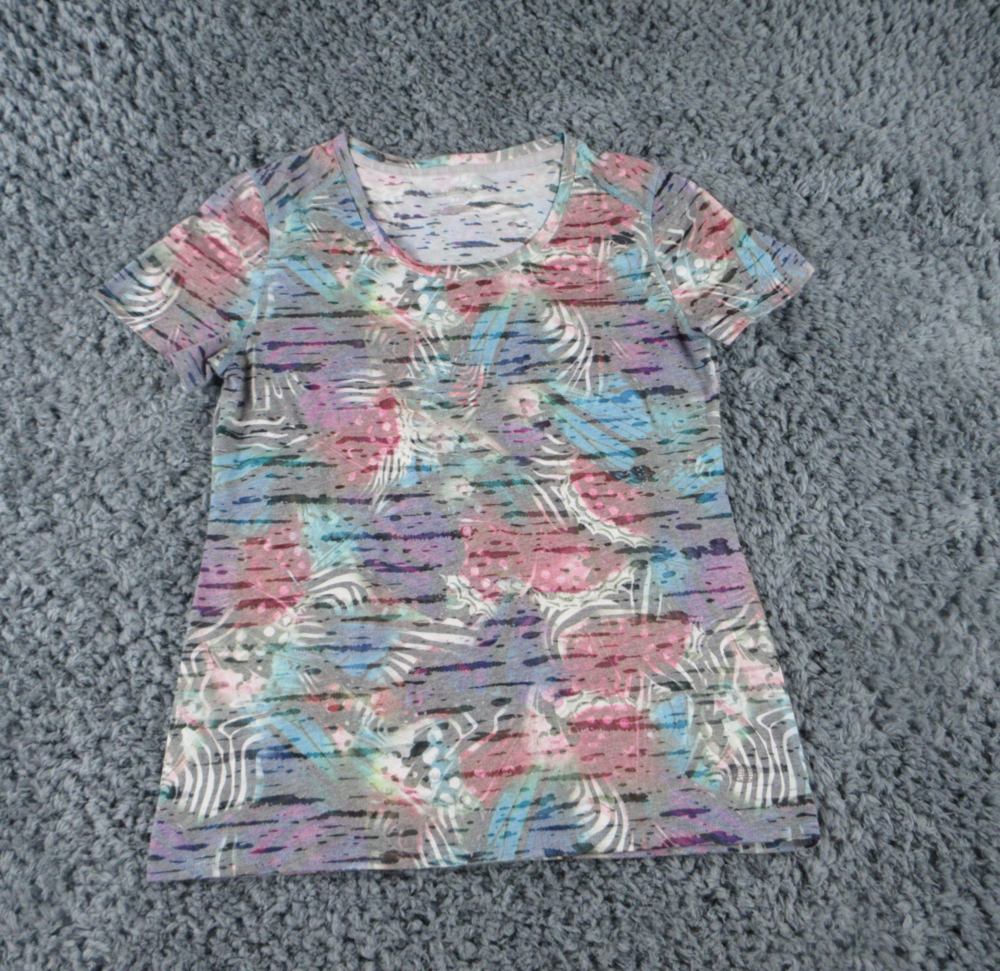 Reel Legends Shirt Womens Medium Blue Purple Geometric Short Sleeve Pullover